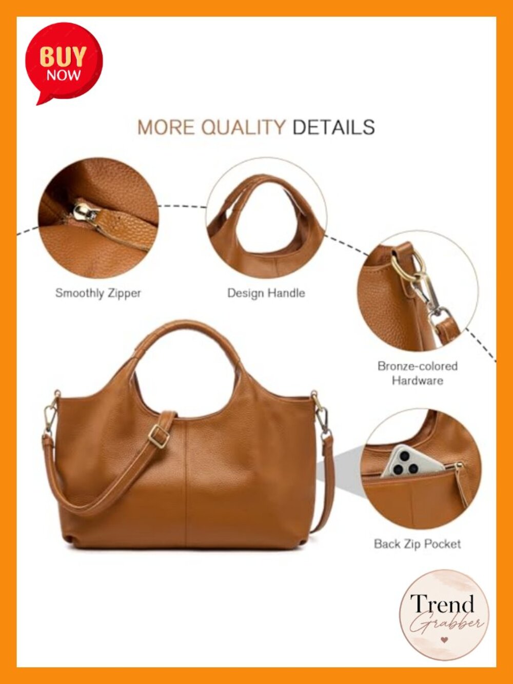 Genuine Leather Satchel Handbag with Top Handle, Detachable Strap, Ladies Purse - Picture 4 of 5